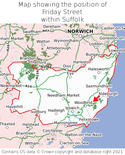 Map showing location of Friday Street within Suffolk