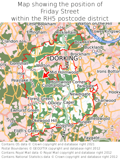 Map showing location of Friday Street within RH5