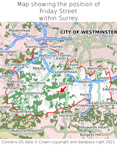 Map showing location of Friday Street within Surrey