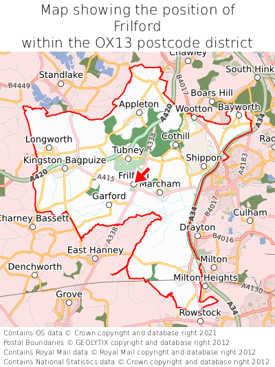 Map showing location of Frilford within OX13