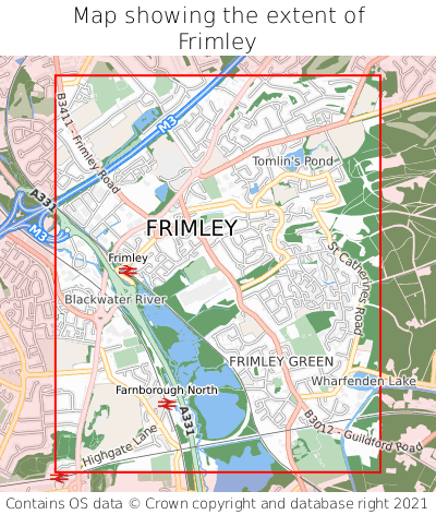 Map showing extent of Frimley as bounding box