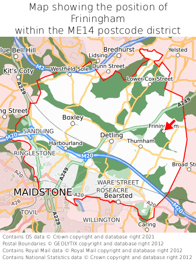 Map showing location of Friningham within ME14