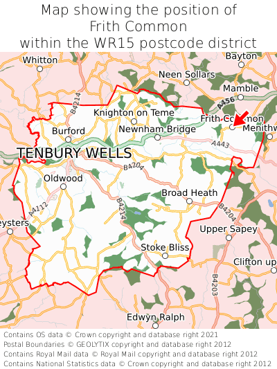 Map showing location of Frith Common within WR15