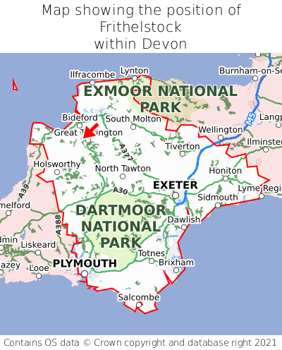 Map showing location of Frithelstock within Devon