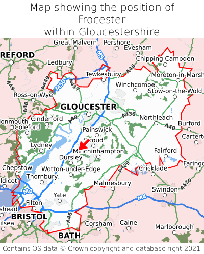 Map showing location of Frocester within Gloucestershire