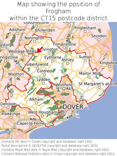 Map showing location of Frogham within CT15