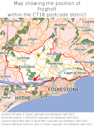 Map showing location of Frogholt within CT18