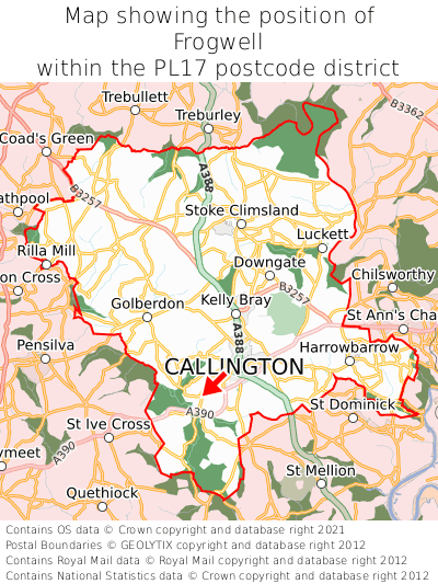 Map showing location of Frogwell within PL17