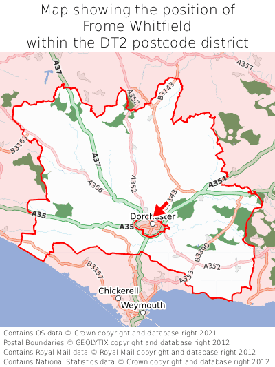 Map showing location of Frome Whitfield within DT2