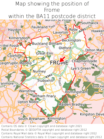 Map showing location of Frome within BA11