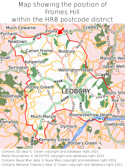 Map showing location of Fromes Hill within HR8