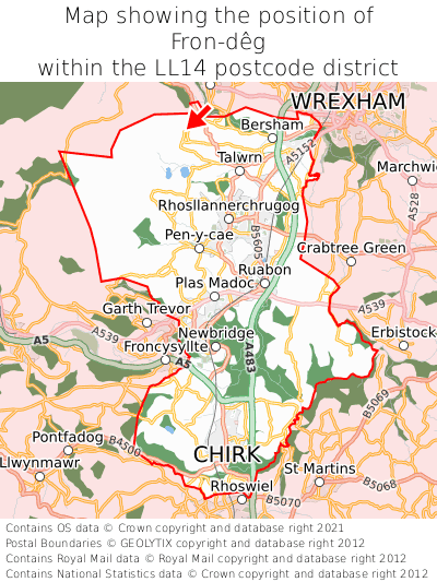 Map showing location of Fron-dêg within LL14