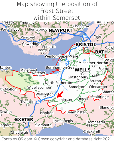Map showing location of Frost Street within Somerset