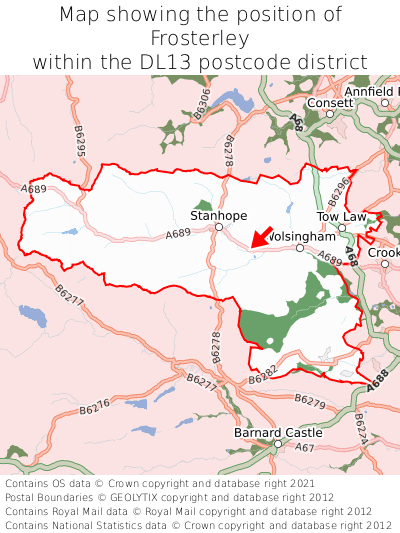 Map showing location of Frosterley within DL13