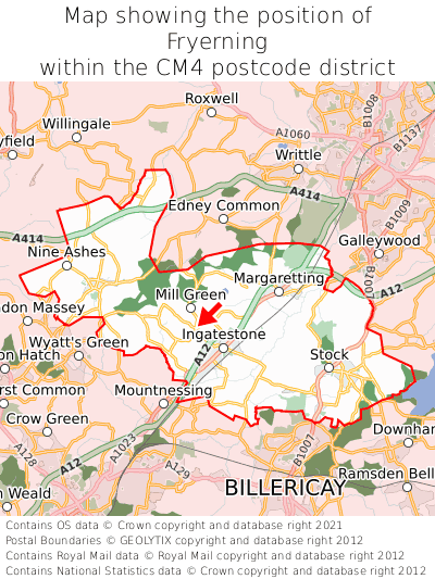 Map showing location of Fryerning within CM4