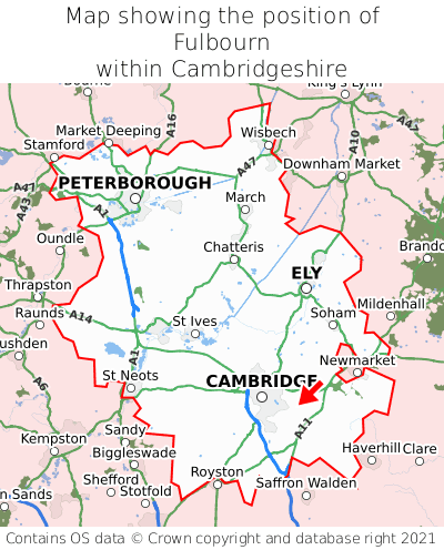 Map showing location of Fulbourn within Cambridgeshire