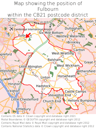 Map showing location of Fulbourn within CB21