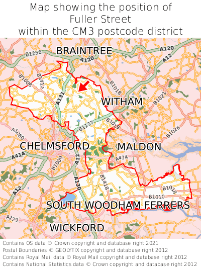 Map showing location of Fuller Street within CM3