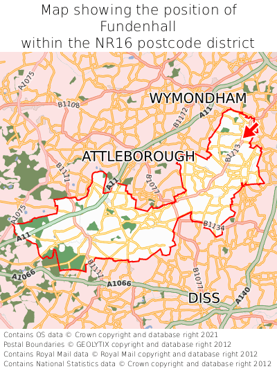 Map showing location of Fundenhall within NR16