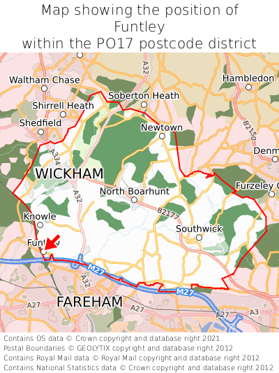 Map showing location of Funtley within PO17