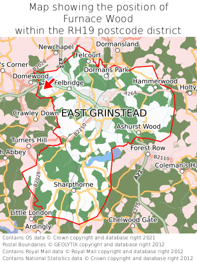 Map showing location of Furnace Wood within RH19