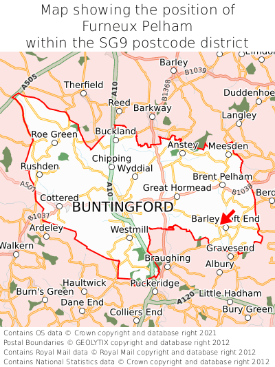 Map showing location of Furneux Pelham within SG9