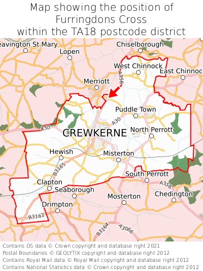 Map showing location of Furringdons Cross within TA18
