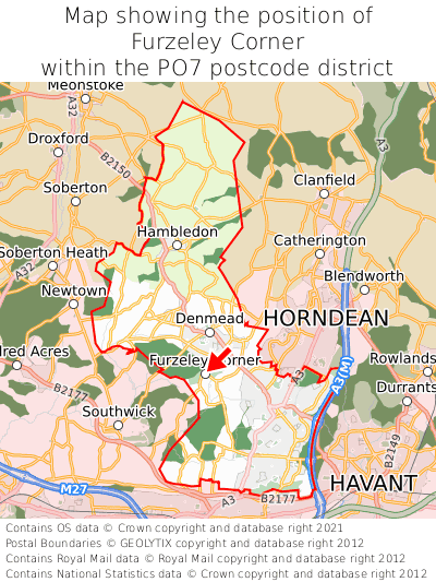 Map showing location of Furzeley Corner within PO7