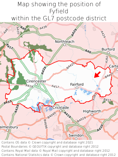 Map showing location of Fyfield within GL7