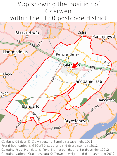 Map showing location of Gaerwen within LL60