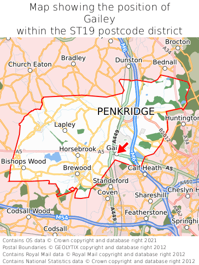 Map showing location of Gailey within ST19