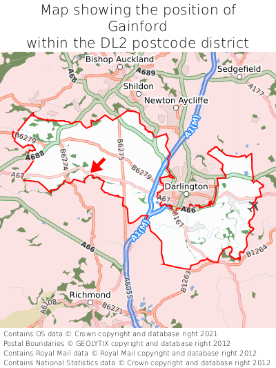 Map showing location of Gainford within DL2