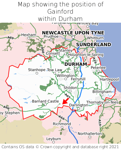 Map showing location of Gainford within Durham