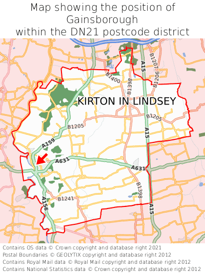 Map showing location of Gainsborough within DN21