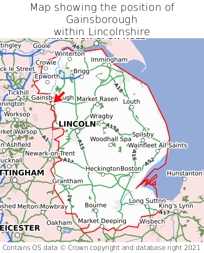 Map showing location of Gainsborough within Lincolnshire