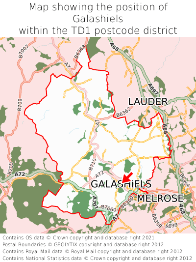 Map showing location of Galashiels within TD1