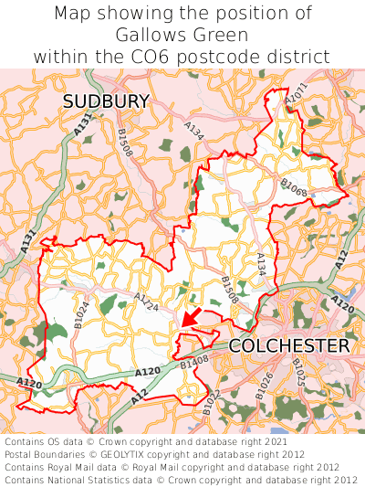 Map showing location of Gallows Green within CO6