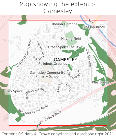 Map showing extent of Gamesley as bounding box