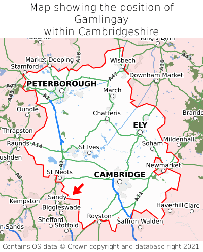 Map showing location of Gamlingay within Cambridgeshire