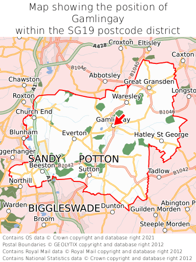 Map showing location of Gamlingay within SG19