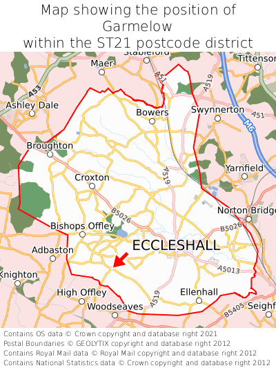 Map showing location of Garmelow within ST21