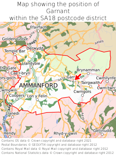Map showing location of Garnant within SA18