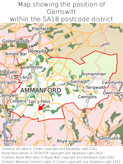 Map showing location of Garnswllt within SA18