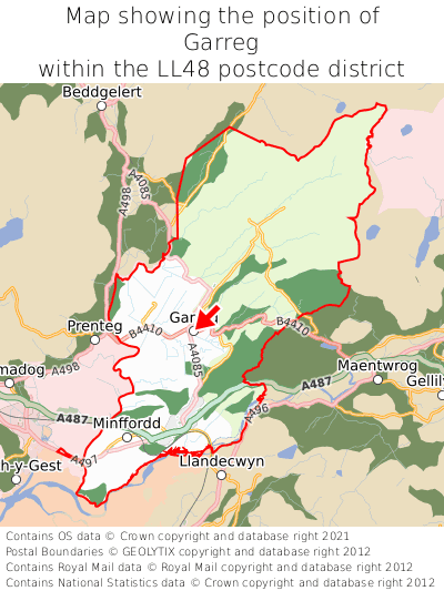 Map showing location of Garreg within LL48