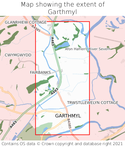 Map showing extent of Garthmyl as bounding box
