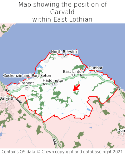 Map showing location of Garvald within East Lothian
