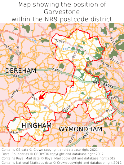 Map showing location of Garvestone within NR9