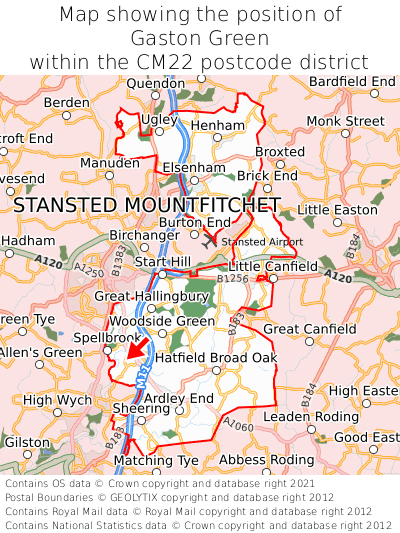 Map showing location of Gaston Green within CM22