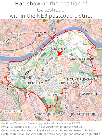 Map showing location of Gateshead within NE8