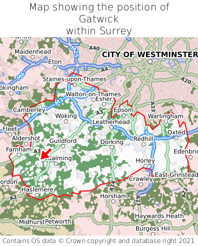Map showing location of Gatwick within Surrey